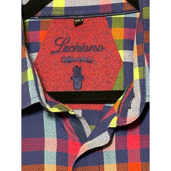 Luciano Visconti XXL Button-Up Shirt Flip Cuff Multicolor Plaid Bold Casual - Picture 3 of 7